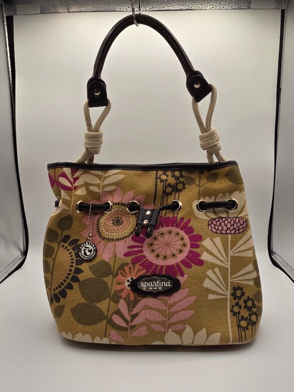 Spartina 449 Olive Green Natural Linen Bucket Bag Leather Trim Drawstring